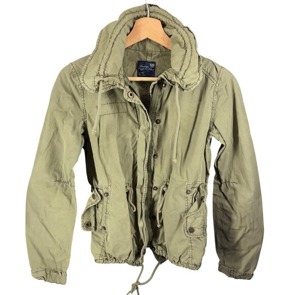 American Eagle Olive Green Cotton Utility Hooded Jacket Xs/Tp Lightweight Milita - Picture 1 of 7